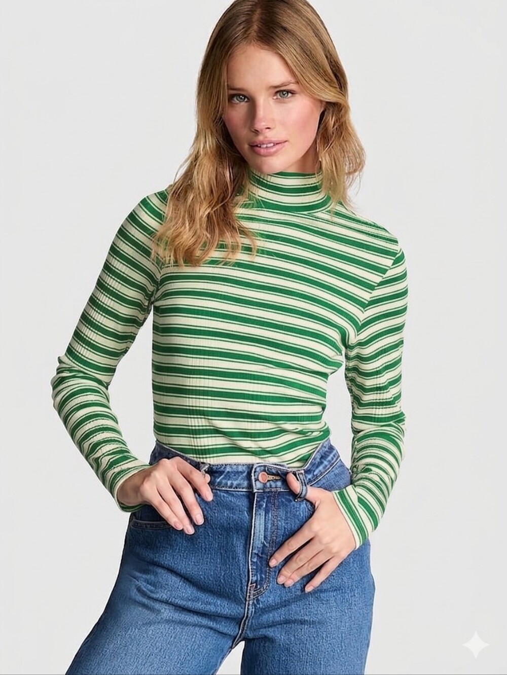 PINK By VS tan stripe Ribbed long sleeve T-shirt - Green